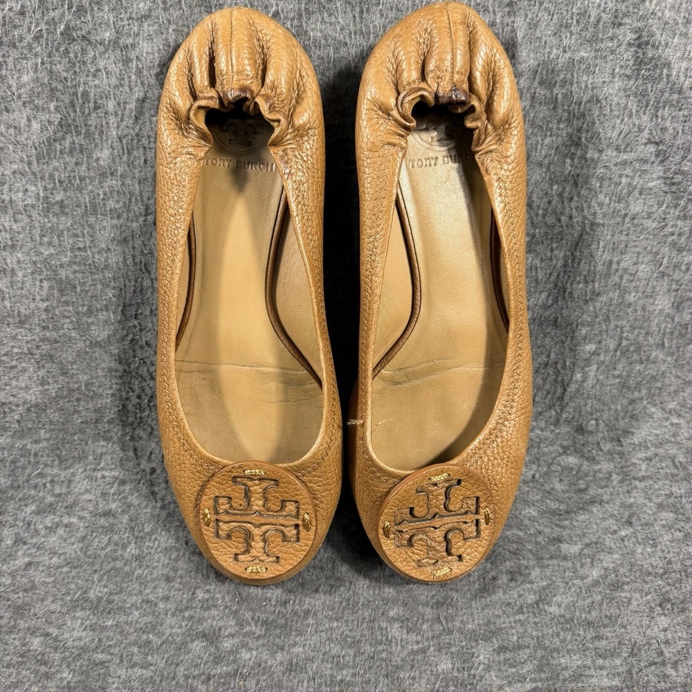Tory Burch Reva Ballet Flats Womans 7.5 M Brown Leather Slip On Shoes Logo